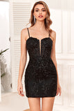 Bodycon Spaghetti Straps Black Sequins Short Formal Dress with Criss Cross Back