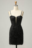 Sheath Spaghetti Straps Black Sequins Short Formal Dress with Criss Cross Back