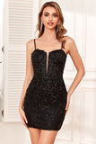 Bodycon Spaghetti Straps Black Sequins Short Formal Dress with Criss Cross Back