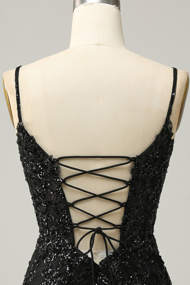 Load image into Gallery viewer, Sheath Spaghetti Straps Black Sequins Short Formal Dress with Criss Cross Back
