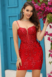 Bodycon Spaghetti Straps Red Sequins Short Formal Dress with Criss Cross Back