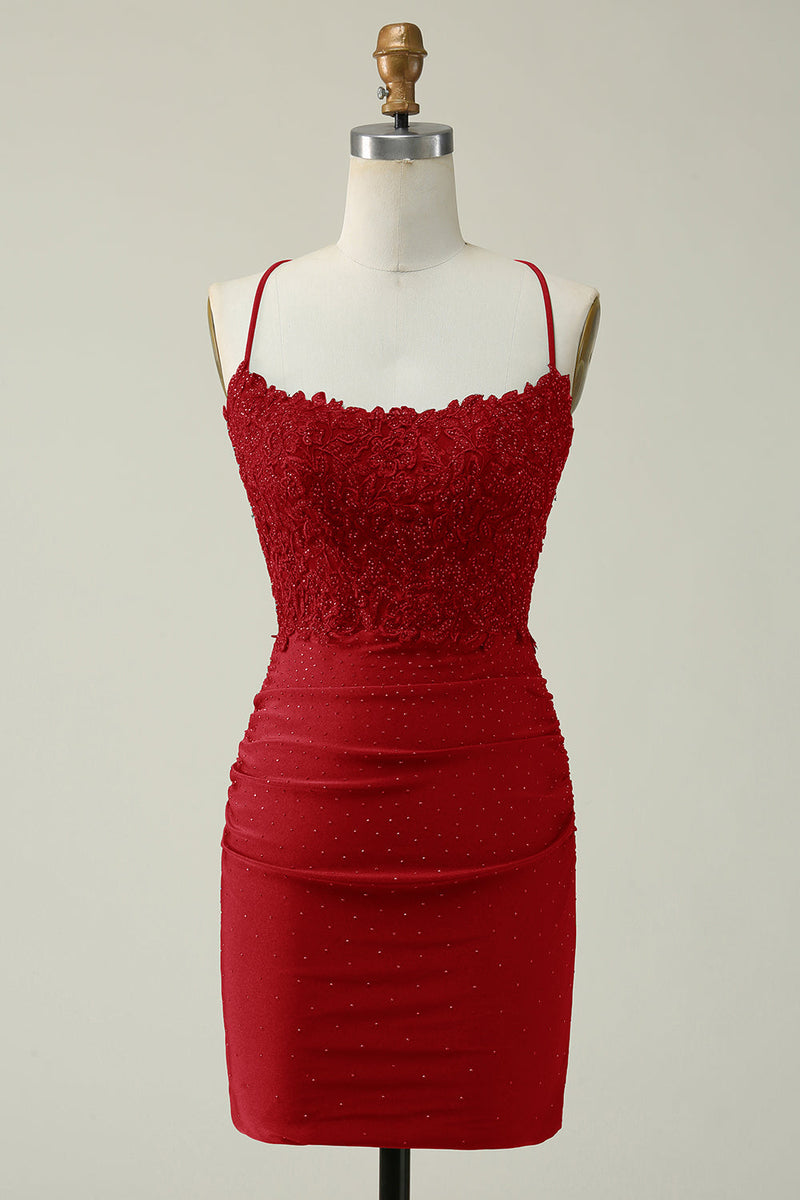 Load image into Gallery viewer, Sheath Spaghetti Straps Dark Red Short Formal Dress with Appliques