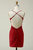 Sheath Spaghetti Straps Dark Red Short Formal Dress with Appliques