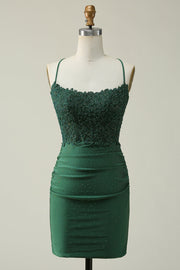 Sheath Spaghetti Straps Dark Green Short Formal Dress with Appliques