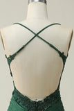 Sheath Spaghetti Straps Dark Green Short Formal Dress with Appliques