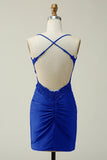 Sheath Spaghetti Straps Royal Blue Short Formal Dress with Appliques