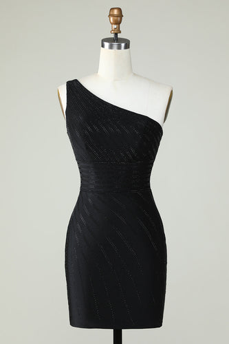 Sheath One Shoulder Black Short Formal Dress with Beading