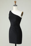 Sheath One Shoulder Black Short Formal Dress with Beading