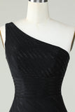 Sheath One Shoulder Black Short Formal Dress with Beading