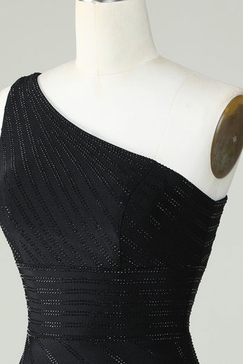 Sheath One Shoulder Black Short Formal Dress with Beading