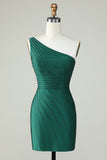 Sheath One Shoulder Dark Green Short Formal Dress with Beading