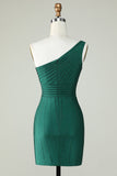 Sheath One Shoulder Dark Green Short Formal Dress with Beading