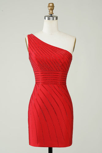 Sparkly One Shoulder Red Short Cocktail Dress with Beading