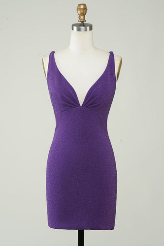Stylish Deep V Neck Purple Short Formal Dress with Criss Cross Back