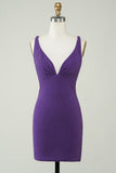 Stylish Deep V Neck Purple Short Formal Dress with Criss Cross Back