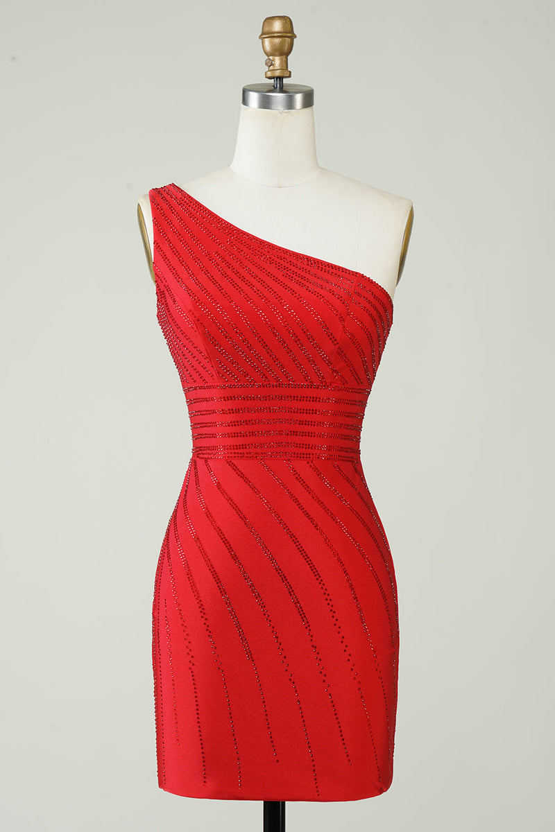Load image into Gallery viewer, Sparkly One Shoulder Red Short Cocktail Dress with Beading