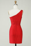 Sparkly One Shoulder Red Short Cocktail Dress with Beading