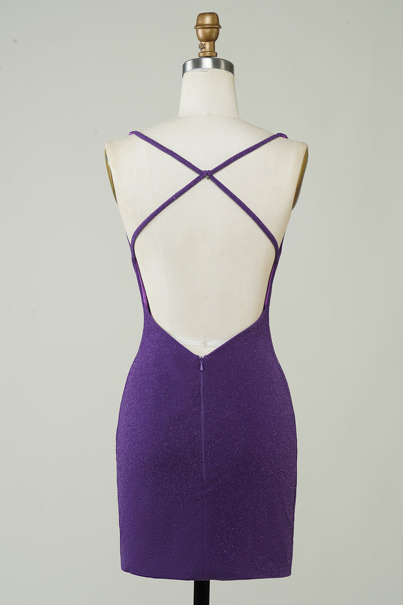 Load image into Gallery viewer, Stylish Deep V Neck Purple Short Formal Dress with Criss Cross Back
