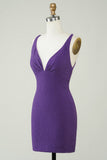 Stylish Deep V Neck Purple Short Formal Dress with Criss Cross Back