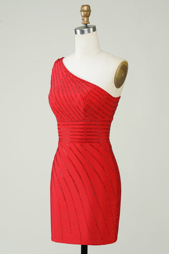 Sparkly One Shoulder Red Short Cocktail Dress with Beading
