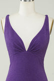 Stylish Deep V Neck Purple Short Formal Dress with Criss Cross Back