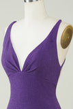 Stylish Deep V Neck Purple Short Formal Dress with Criss Cross Back