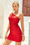 Bodycon One Shoulder Red Short Formal Dress with Beading