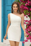 Bodycon One Shoulder Red Short Formal Dress with Beading