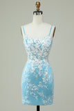 Sheath Spaghetti Straps Light Blue Short Formal Dress with Appliques