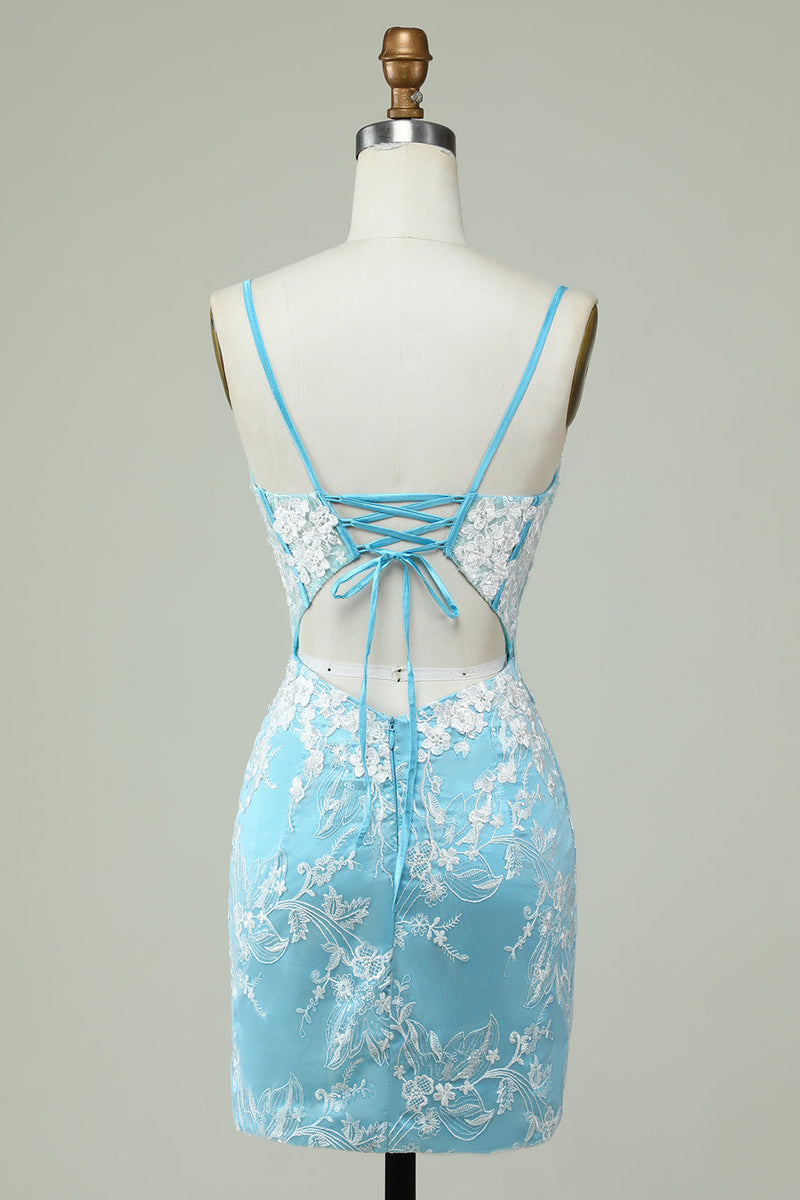 Load image into Gallery viewer, Sheath Spaghetti Straps Light Blue Short Formal Dress with Appliques
