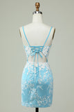 Sheath Spaghetti Straps Light Blue Short Formal Dress with Appliques