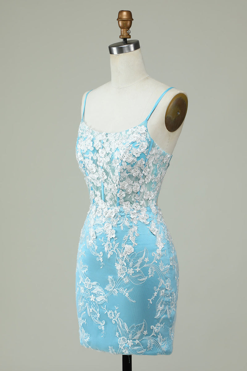 Load image into Gallery viewer, Sheath Spaghetti Straps Light Blue Short Formal Dress with Appliques