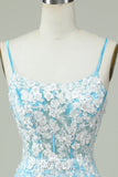 Sheath Spaghetti Straps Light Blue Short Formal Dress with Appliques