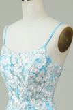 Sheath Spaghetti Straps Light Blue Short Formal Dress with Appliques