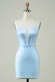 Stylish Sheath Spaghetti Straps Blue Short Cocktail Dress with Beading