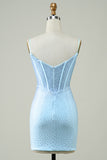 Stylish Sheath Spaghetti Straps Blue Short Cocktail Dress with Beading