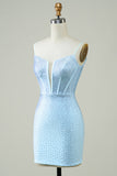 Stylish Sheath Spaghetti Straps Blue Short Cocktail Dress with Beading