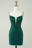 Sparkly Bodycon Spaghetti Straps Dark Green Short Cocktail Dress with Beading