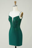 Sparkly Bodycon Spaghetti Straps Dark Green Short Cocktail Dress with Beading