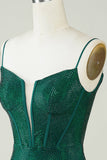 Sparkly Bodycon Spaghetti Straps Dark Green Short Cocktail Dress with Beading