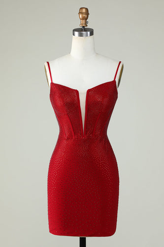 Sheath Spaghetti Straps Red Short Formal Dress with Beading