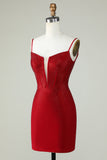 Sheath Spaghetti Straps Red Short Formal Dress with Beading