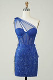 Unique Sheath One Shoulder Royal Blue Short Formal Dress with Appliques