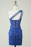 Unique Sheath One Shoulder Royal Blue Short Formal Dress with Appliques