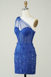 Unique Sheath One Shoulder Royal Blue Short Formal Dress with Appliques