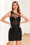 Sparkly Black Corset Sequins Tight Short Formal Dress