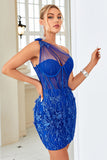 Bodycon One Shoulder Royal Blue Short Formal Dress with Appliques