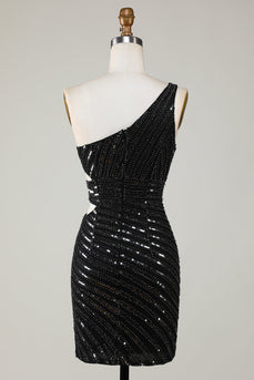 Sparkly Bodycon One Shoulder Black Sequins Short Cocktail Dress with Cut Out