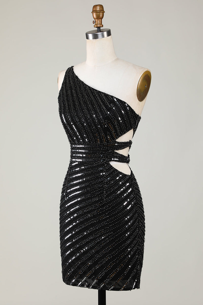 Load image into Gallery viewer, Sparkly Bodycon One Shoulder Black Sequins Short Cocktail Dress with Cut Out