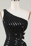 Sparkly Bodycon One Shoulder Black Sequins Short Cocktail Dress with Cut Out